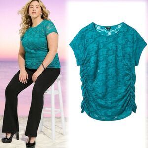Torrid Aqua Blue/Green Stretch Lace Crew Neck Cinch Side Tee Size 2 2XL